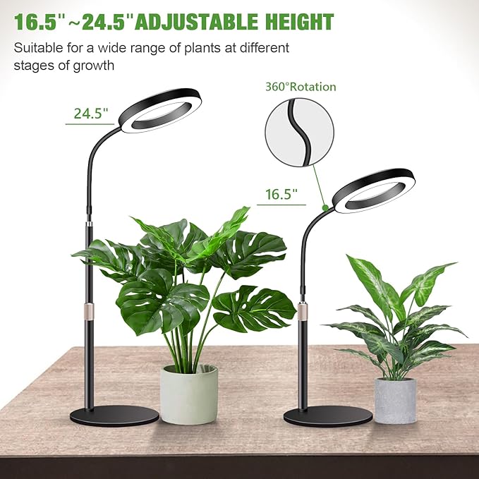 Garpsen Grow Lights for Indoor Plants 80 LEDs Full Spectrum Desk Plant Light with Timer for 6H/12H/16H 5 Dimmable Levels &amp Flexible Gooseneck 6000K Grow Lamp with Base Height Adjustable 16.5-25
