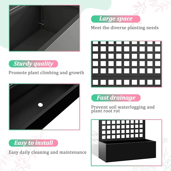 Metal Raised Garden Bed with Trellis for Climbing Plants Vegetable VinesMetal Planter Box with Trellis 71x35x16Trellis with Planter Box &amp Privacy Screen(Black)