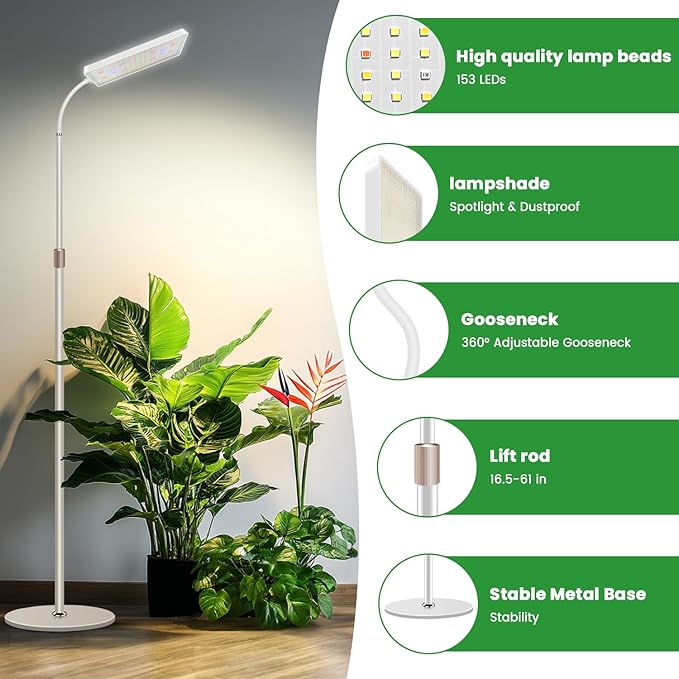 Wiaxulay Grow Lights for Indoor Plants 153 LED Full Spectrum Plant Grow Light Floor Standing Height Adjustable 24-68 in4/8/12/16H Timer3 Lighting Modes5 Brightness for Growing Large Tall Plants