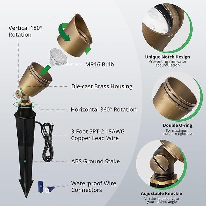 GKOLED Solid Brass Low Voltage Compact Spotlight 12V AC/DC Waterproof Outdoor Landscape Spot Lights for House Trees Garden Yard Lawn Up Light with 5W 2700K MR16 Bulb Stake Included