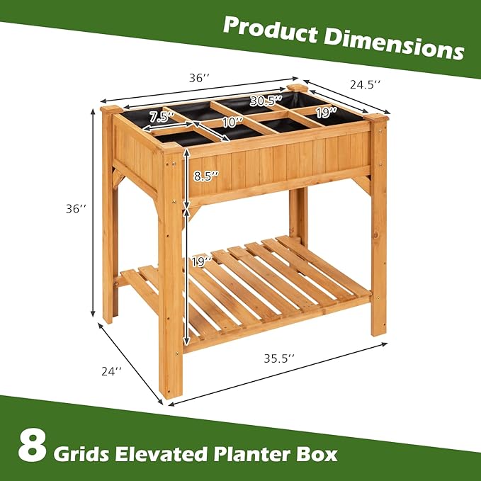 HAPPYGRILL 8-Grid Raised Garden Bed 36” Elevated Wood Planter Box with Liner &amp Shelf Removable Divider Drainage Holes Outdoor Gardening Bed with Legs for Backyard Patio