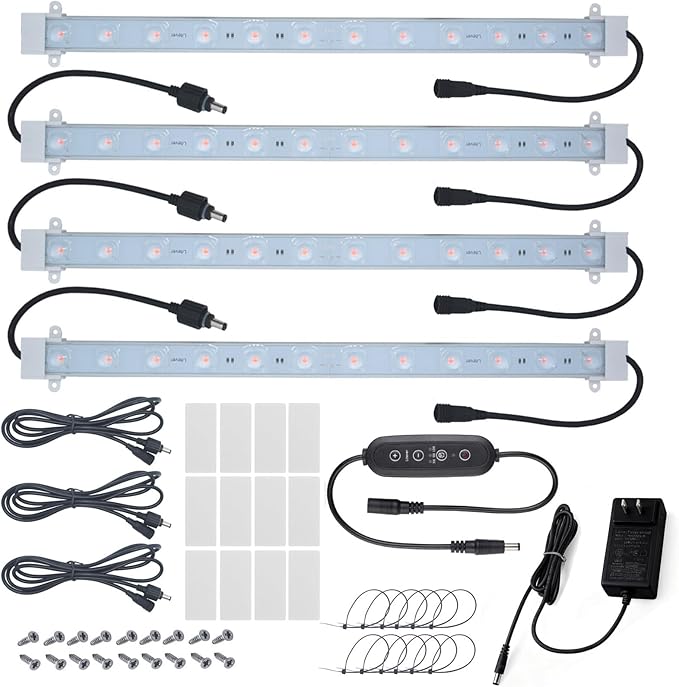 Litever Grow Light Strip Kit 36W with Timer 4 pcs 16 Inches LED Grow Light Strips with Extension Cables Mounting Accessories for Greenhouse Grow Shelf. Perfect for Indoor Growing-(4-Strip-Kit)
