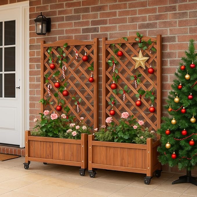 Upgraded 2-Pack 50 Tall Trellis Planter Box with Wheels 49.8H × 27.6W × 13.0D Solid Fir Wood Raised Garden Bed &amp Lattice Privacy Screen Rolling Planter with Drainage for Patio/Garden