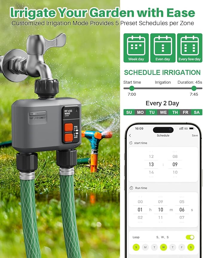 WiFi Sprinkler Timer 2 Zone with 984 Feet RF Gateway 2 Pack Smart Water Timer for Garden Hose with Rain Delay/Manual/AutomaticWiFi Water Hose Timers for Garden &amp Lawns