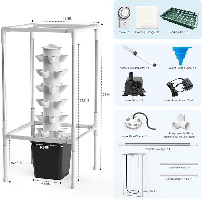 JESLED Hydroponic Growing System Hydroponic Tower with 5000K Full-Spectrum Grow Lights Dual Timers for Auto Watering &amp Lighting Grows 30 Herbs &amp Vegetables Indoor Garden with Tent 10L Wat