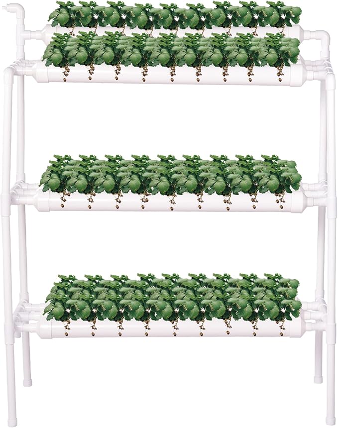Hydroponics Growing System 90 Plant Sites3 Layers 10 39 Long Food-Grade PVC-U Pipes Hydroponic Gardening System Grow Kit with Water PumpTimerNest Basket and Sponge for Leafy Vegetables