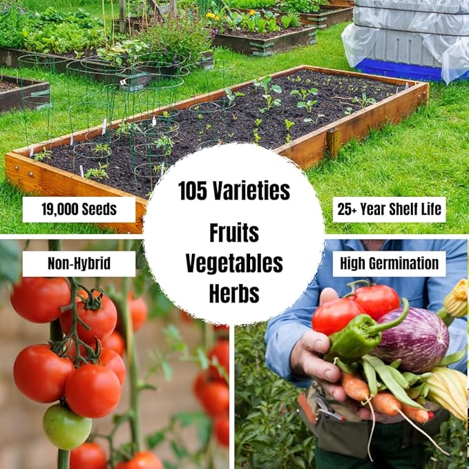 Survival Garden Heirloom Seeds Non GMO - 105 Varieties of Herb Fruit and Vegetable Seeds for Planting Home Garden Plus Seed Storage Organizer Vault - Non Hybrid Open Pollinated by Grow For It