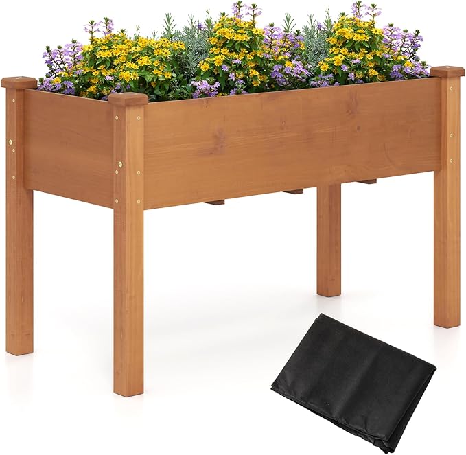 HAPPYGRILL Raised Garden Bed Outdoor Wood Garden Box w/Legs Drainage Holes Black Garden Liner Fabric Solid Wood Frame Elevated Planter Box for Backyard Patio Balcony 49” x 23” x 30” (L x W x H)