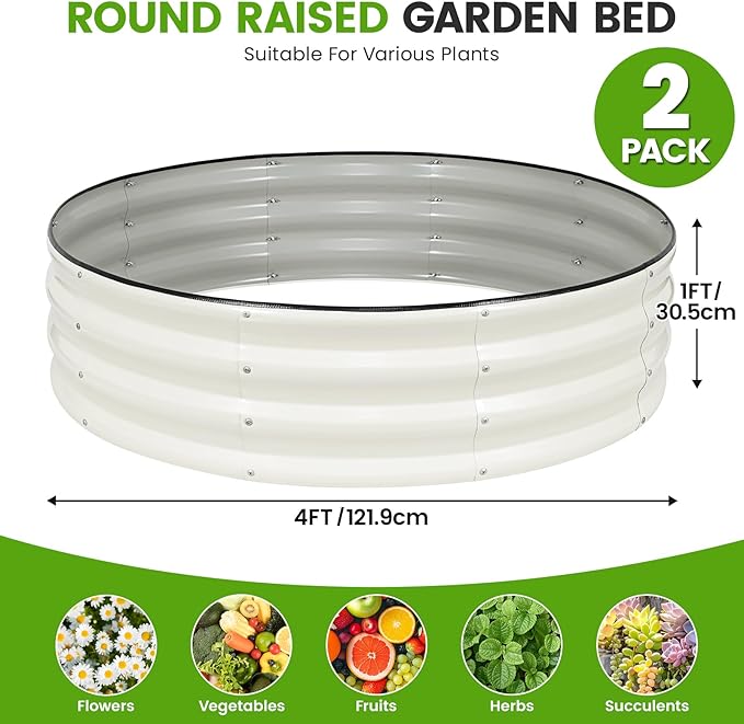 Galvanized Raised Garden Bed Outdoor 2Pcs | 4x4x1ft Metal Raised Beds for Gardening with Safety Rubber Strip | Round Planter Box for Plants Like Vegetables Fruits Flowers White