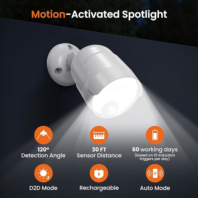 Battery Operated Motion Sensor Light Outdoor 4000mAh Rechargeable 600 Lumen Battery Powered Spotlight Outdoor Waterproof for Porch Garage House(2 Pack)(Non-Solar)