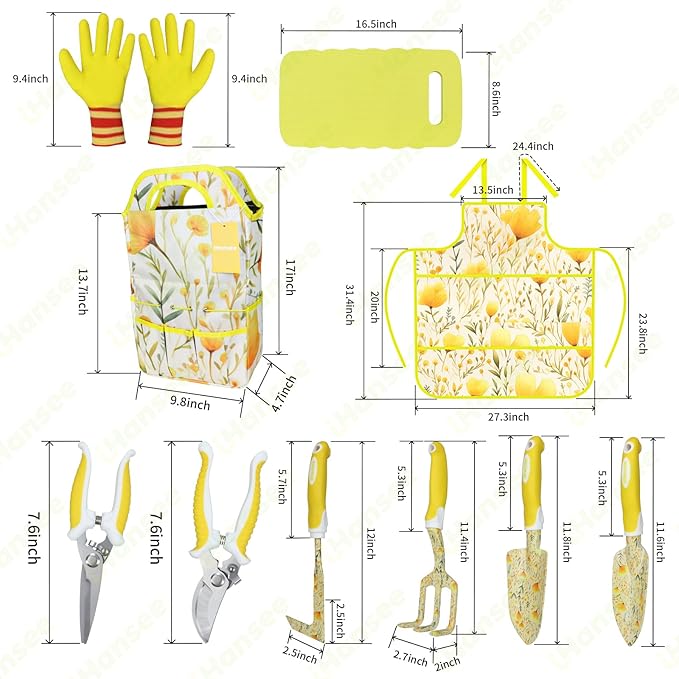 Yellow Garden Tools Set for Women iHansee 10-Piece Gardening Tool Kit with Handbag Non-Slip Ergonomic Handles Gardening Gift for Women Mom Garden Lovers