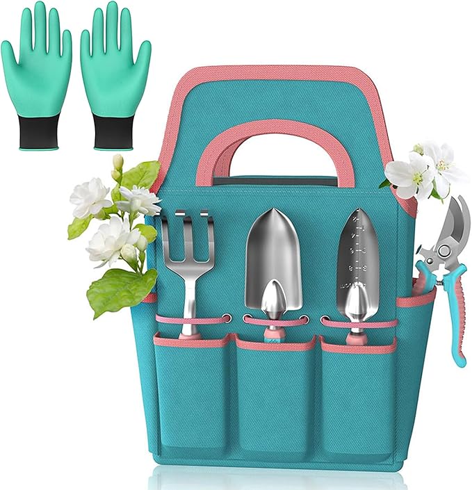 Garden Tools Kit Trowel Rake Pruner Gardening Set with Gloves Hand Tools with Carry Tote Gardening Equipment Tool Set for Indoor Outdoor Lawn Backyard Patio Balcony Greenhouse