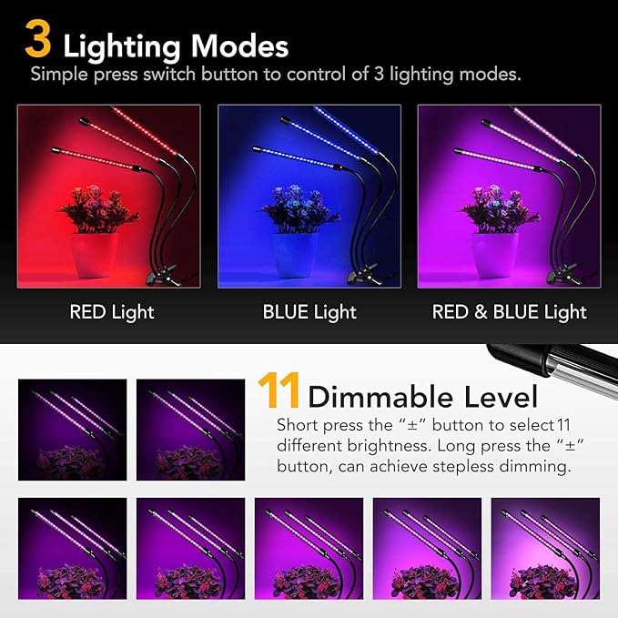 iPower iPower 15W Triple Head LED Grow Light with Auto ON/Off 3 9 12H Timing Red Blue Spectrum Adjustable Gooseneck Lamp 11 Dimmable Levels for Indoor Plant