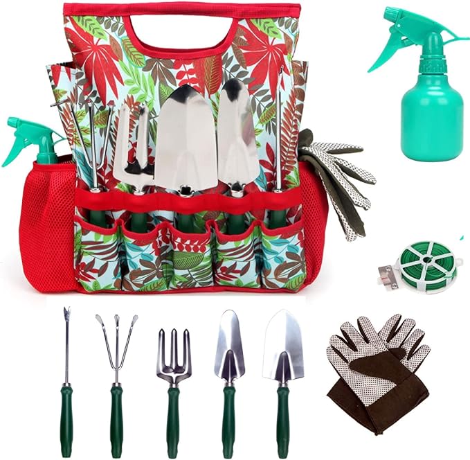 9-piece Garden Tools Set with Gloves and Floral Tote Bag - Gardening Hand Tools Kit with Storage Bag Gifts for Women