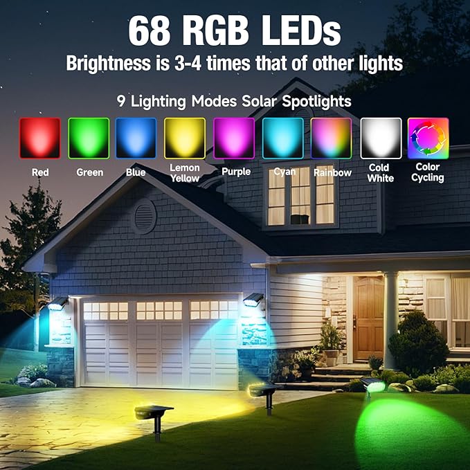 68 LEDs RGB Solar Spot Lights 1000 Lumens 9 Lighting Modes Color Changing Solar Outdoor Lights IP67 Waterproof 2-in-1 Landscape Garden Light for Yard Patio 4 Pack
