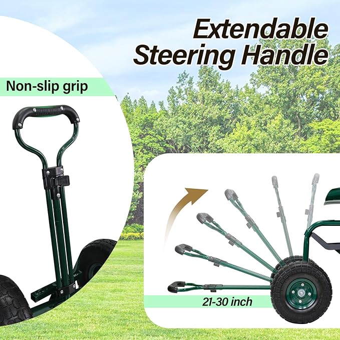 BDL Garden Cart Outdoor Rolling Garden Workseat with Wheels Heavy Duty Garden Tool Cart with Extendable Handle and Storage for Seniors Yard Gardening Work