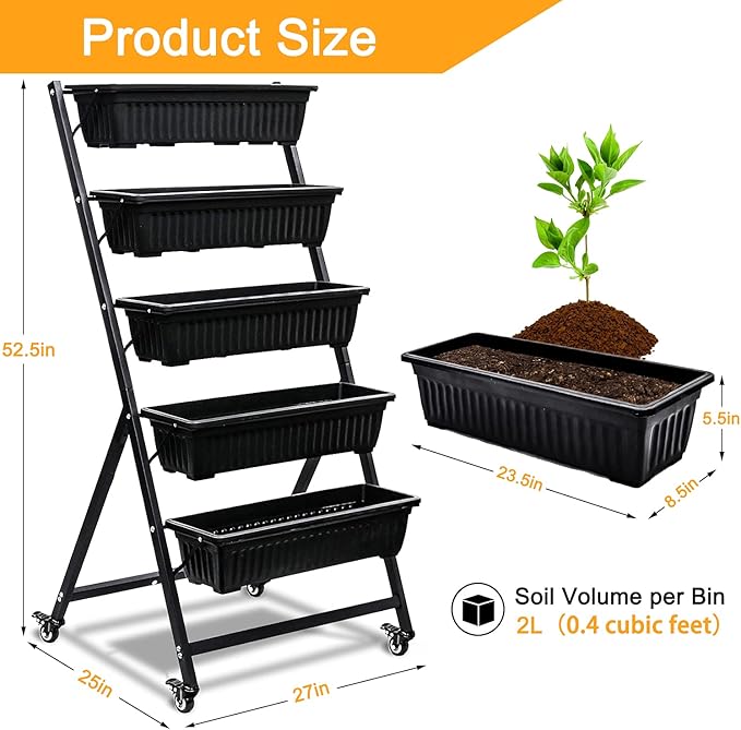 4.5-Ft Raised Garden Bed - Vertical Garden Freestanding Elevated Planter with 5 Container Boxes - Good for Patio or Balcony Indoor and Outdoor Black