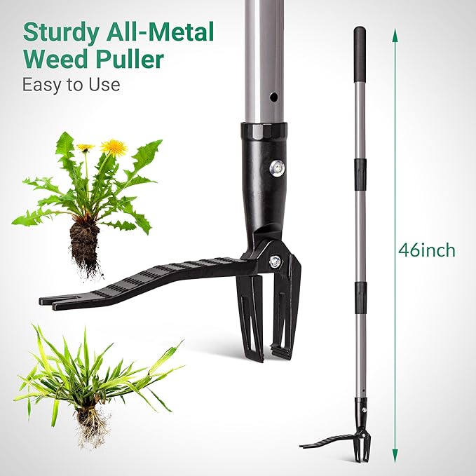 Suchtale Metal WeederStand Up Weed Puller Tool with Long Handle – Heavy-Duty All-Metal Weeder with Upgraded Pincer Claw – Pull Weeds from The Root Without Bending Pulling or Kneeling