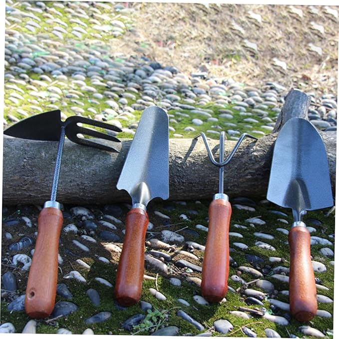 4pcs Gardening Tool Set with Hand Trowel Narrow Shovel Dual-use Hoe Rake and Three-Prong Rake – Metal Mini Garden Shovels for Planting Flower Pots and Vegetable Gardening
