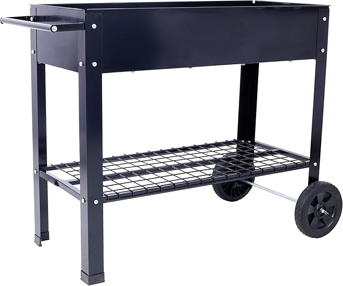 Raised Garden Bed with Legs for Flowers/Vegetables/Herbs Standing Elevated Planter Box Cart on Wheels with Large Lower Storage Shelf OutdoorBackyard Patio Balcony - Black