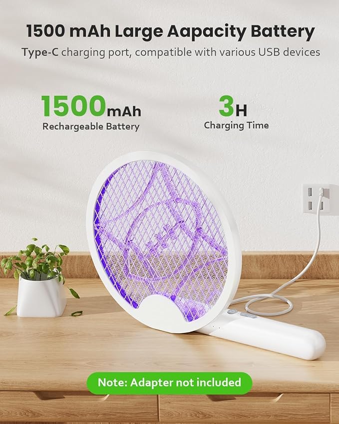 Electric Fly Swatter Racket Foldable 2 in 1 Bug Zapper with Purple Trap Lamp 4000V &amp 1500mAh Powerful Mosquito Trap Killer with Type-C Rechargeable for Indoor Home Patio Camp(White 2 Pack)