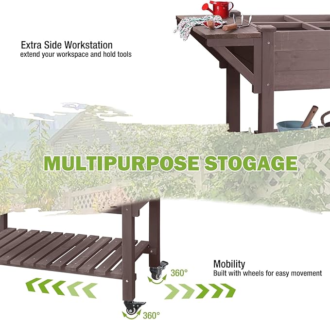 GUTINNEEN Raised Garden Bed Outdoor with 8 Planter Boxes Wooden Elevated Garden Bed with Legs Wheels Side Workbench and Storage Shelf for Plants Vegetables Flowers Herbs