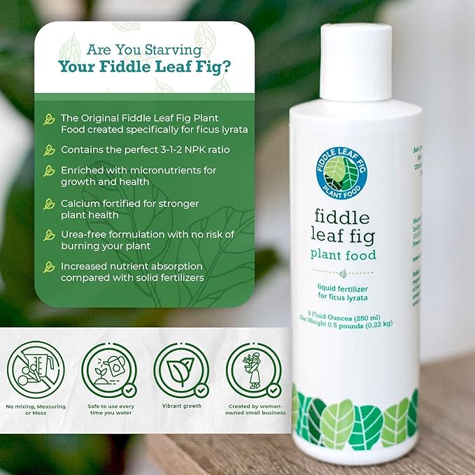 Fiddle Leaf Fig Plant Food – 3‑1‑2 Balanced NPK Liquid Fertilizer for Larger Leaves Stronger Roots &amp Steady Vibrant Growth | Suitable for All Ficus Including Ficus Lyrata | Made in USA | 8 oz
