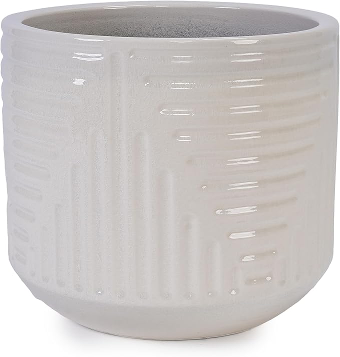 Handmade Ceramic Planter Pot 16 Inch Diameter 1 Cream White with Geometric Pattern for Monstera Deliciosa and Fiddle Leaf Fig IndoorOutdoor Doorway Use Breathable Clay