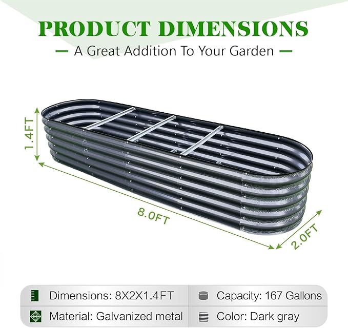 GrowHaus 8x2x1.4FT Galvanized Raised Garden Bed Planter Boxes Outdoor Large Metal Garden Beds for Planting Vegetables Flowers Herbs Dark Gray