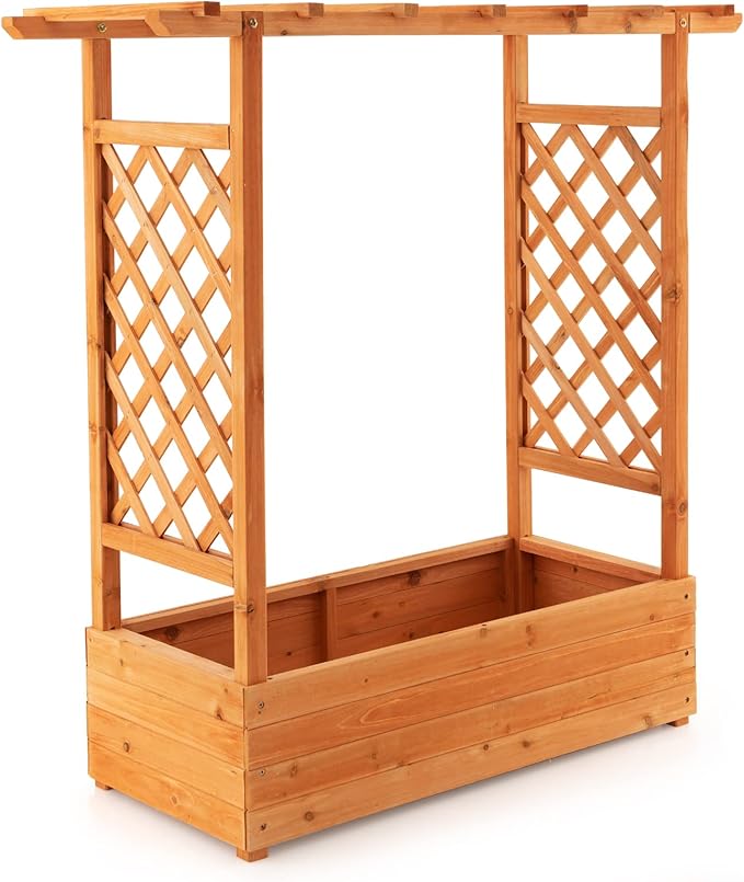S AFSTAR Raised Garden Bed with Arch Trellis Wood Planter Box with Hanging Roof Side Trellis 4 Drainage Holes Above Ground Elevated Garden Bed for Outdoor Climbing Plants Vines Patio