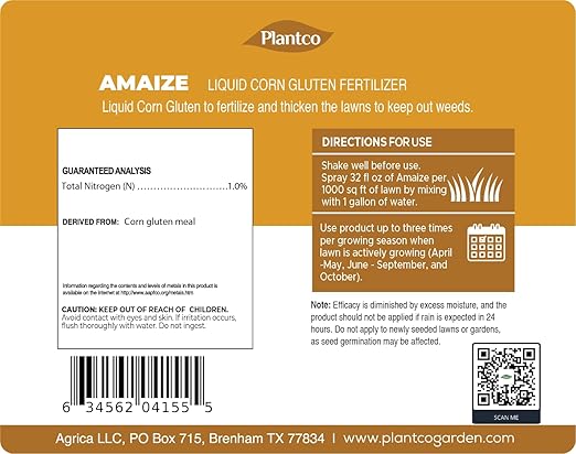 Liquid Corn Gluten Fertilizer Natural Nitrogen 1000 Sq Ft Coverage - GMO-Free All-Natural Lawn Care for Grass | Amaize Non-Toxic and Eco-Conscious Formula with Corn Gluten | 32 fl oz Bottle