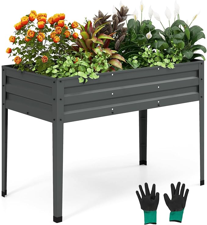 HAPPYGRILL Raised Garden Bed Galvanized Garden Box with Legs Drainage Holes 2 Gloves Outdoor Planter Box for Garden Backyard &amp Patio 46”x 24” x 32” Grey