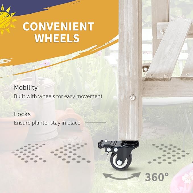 Outsunny Raised Garden Bed with 8 Grow Grids Wooden Outdoor Plant Box Stand with Folding Side Table and Wheels 49 x 21 x 34 for Vegetables Flowers Herbs Natural