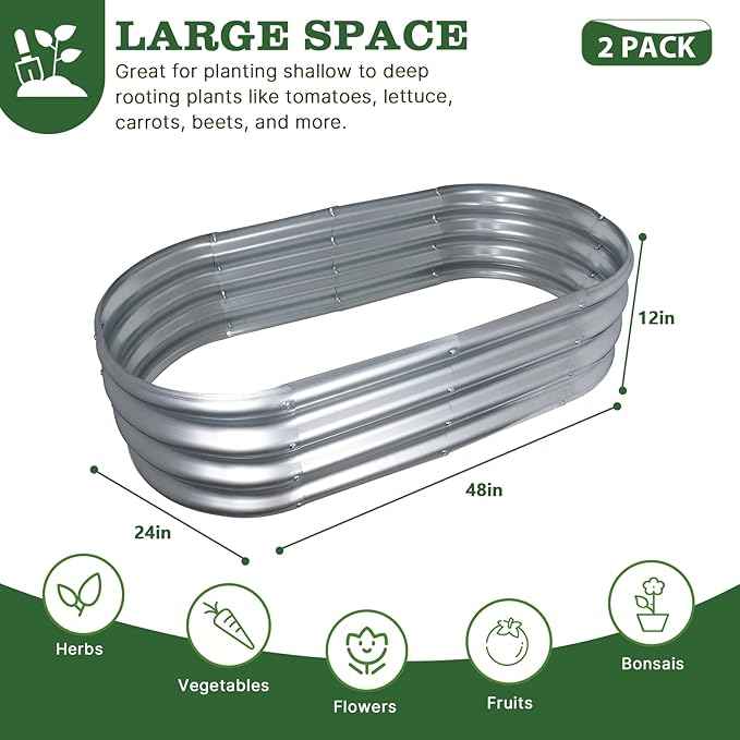 4x2x1ft Galvanized Raised Garden Bed Outdoor 2-Pack 12 Tall Metal Raised Beds for Gardening Planter Boxes for Plants Vegetables Flowers Herbs &amp Tomato Bottomless Elevated Garden Beds Kit Si