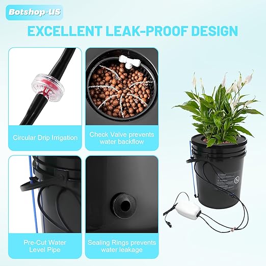 Hydroponics Growing System Kit 5-Gallon Deep Water Culture Recirculating Drip Grow System Indoor Garden Grow System with Hose Air Pump and Air Stone (1 Bucket + Drip Irrigation)