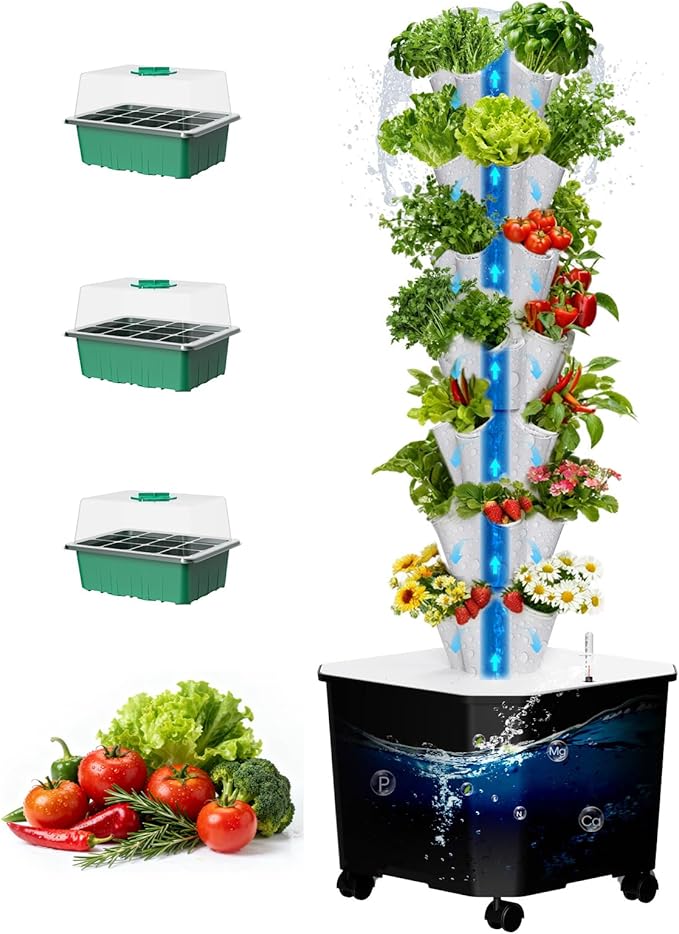 Vertical Hydroponic Tower Garden35 Pods 7-Layer Indoor Outdoor Growing System with Smart Timer3 Seed Starter Tray.Water Pump-BPA-Free Modular for Hydroponic Gardening Lovers Planting Vegetables