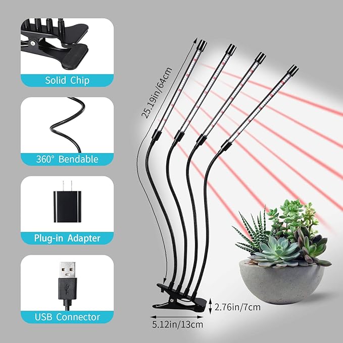 Black Clip Grow Lights for Indoor Plants 168 Full Spectrum LEDs Clip Plant Growing Lamps with Flexible Gooseneck and 4/8/12/18H Timer 3 Spectral Modes 10 Dimmable Levels (4 Head 1 Pack)