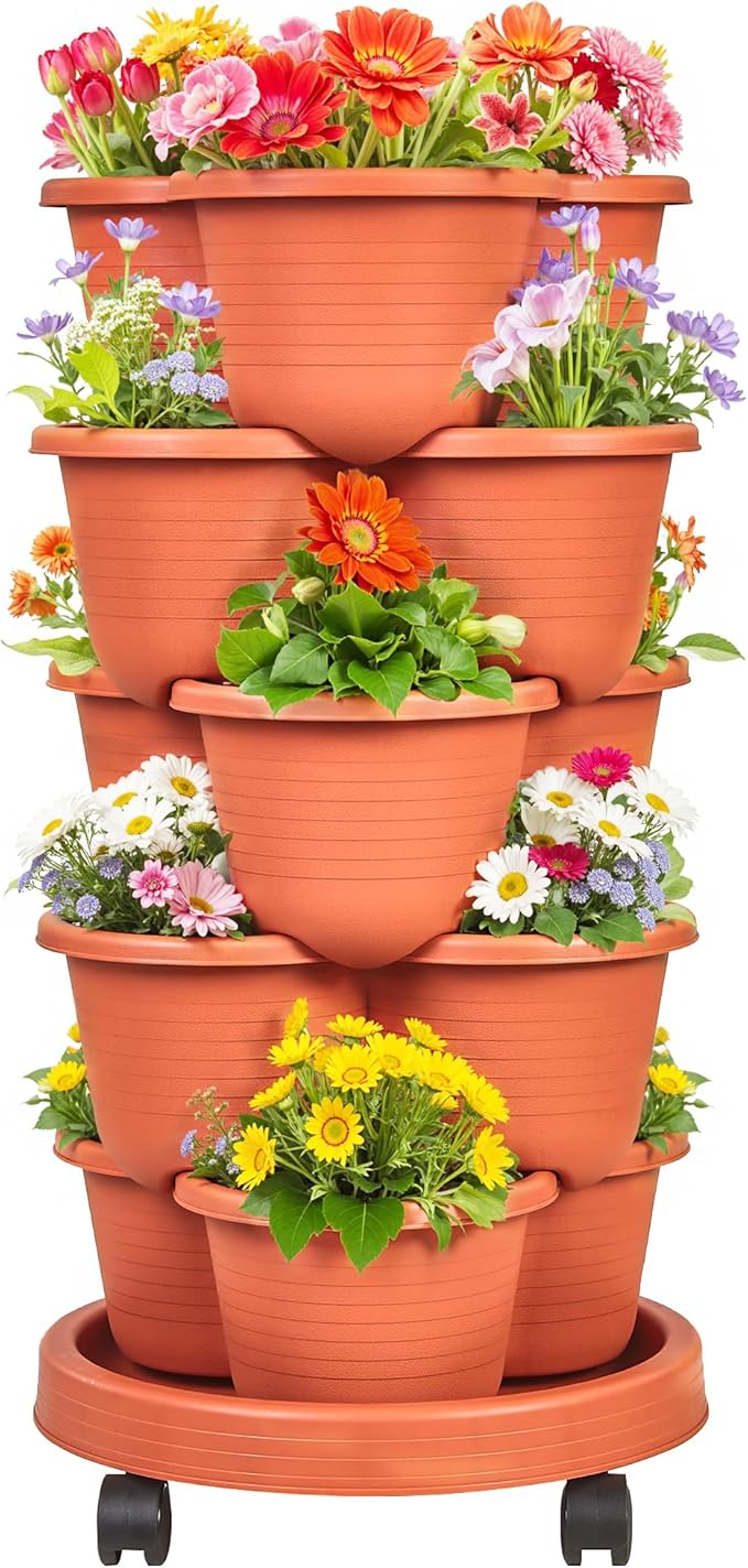 VECELO 5 Tier Vertical Garden Planter Self Watering Stackable Planters with Wheels for Strawberries Herbs Flowers Vegetables Red