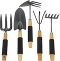 Garden Tool Set 5pcs with Large Shovel Three-Prong Fork Five-Tooth Rake Dual-Head Hoe for Gardening and Planting Portable Hand Tools Kit for Lawn and Outdoor Use