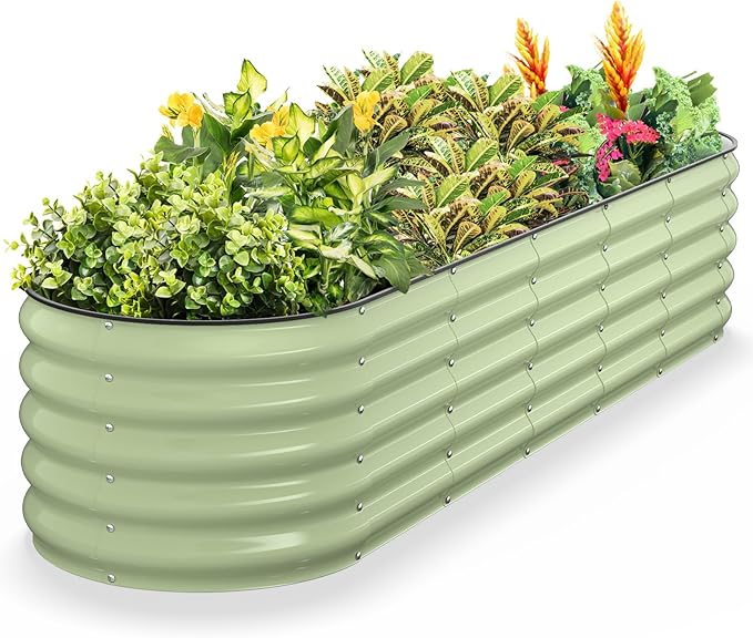 Kesfitt Raised Garden Bed Metal Galvanized Steel Oval Garden Bed 8x2x1.5 ft with 18-Inch Deep Open-Bottom Design for Outdoor Vegetable Gardening Fruit Green