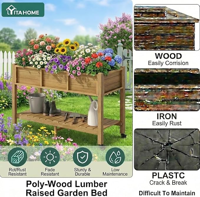 YITAHOME Raised Garden Bed HDPE 47x18x31In Herb Garden Bed Poly-Wood Weather-Resistant Elevated Planter Box with Lockable Wheels &amp Storage Shelf for Vegetable Flower Brown