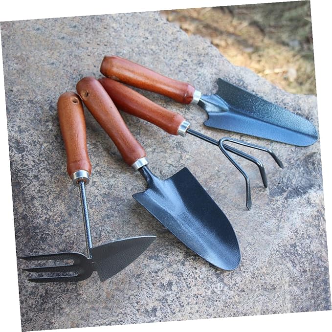 Toyvian 4pcs Mini Stoving Varnish Iron Shovel Garden Tool Set with Wooden Handle for Digging Planting and Weeding in Landscaping and Potted Gardening