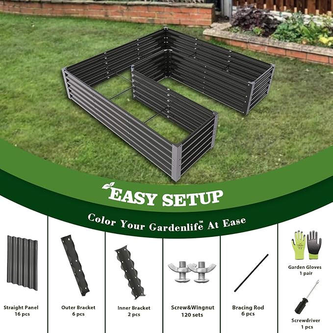 A ANLEOLIFE U-Shaped Outdoor Galvanized Raised Garden Bed 6x6x1.5ft Center-Access Bottomless Planter Box 22-Gauge Corrugated Metal Reinforced Bracing Rods Quartz Grey