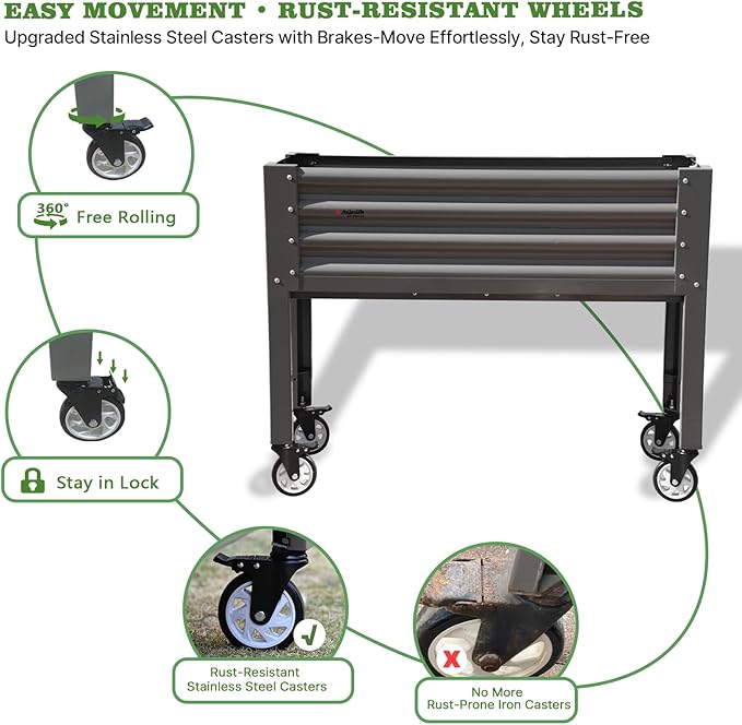 A ANLEOLIFE Elevated Raised Garden Bed with Lockable Wheels 48x18x35 in Galvanized Steel Planter Box with Legs Waist-High Design Reinforced Frame for Balcony Patio &amp Porch Quartz Grey