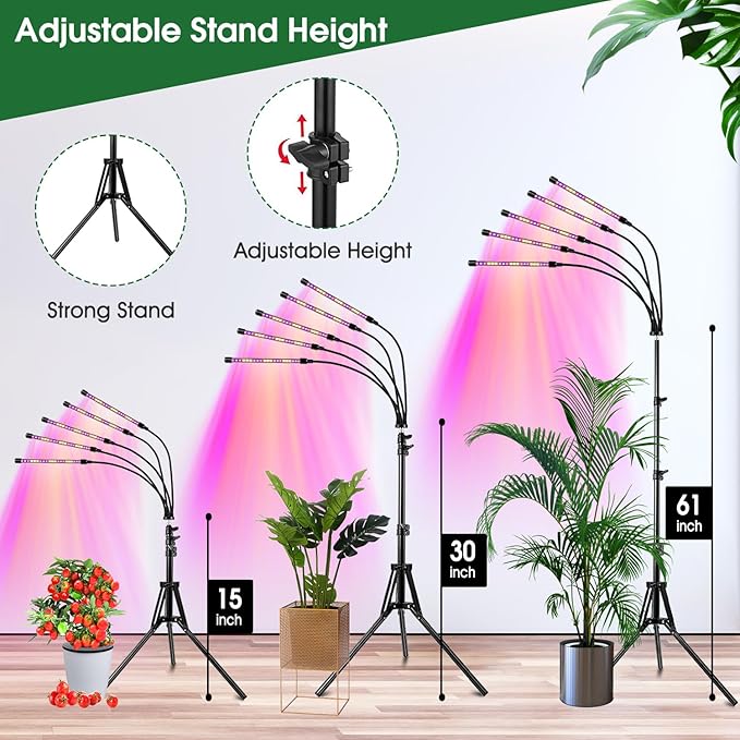 Wolezek Grow Lights for Indoor Plants 2 Pack Full Spectrum Plant Light with Adjustable Stand 5-Head LED Grow Light with Auto 6/12/16H Timer 5 Brightness Levels Ideal for Large &amp Tall Plants