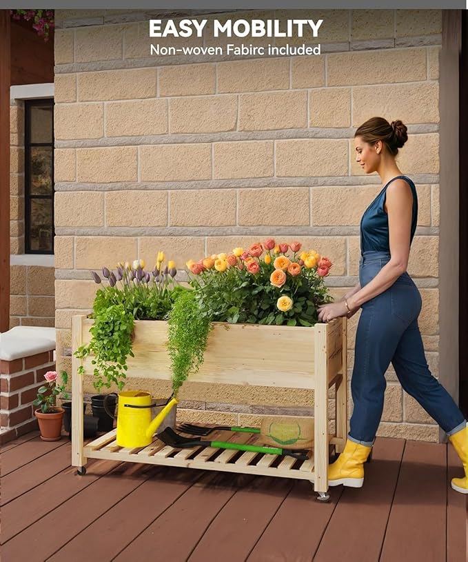 IDEALHOUSE Planter with Lockable Wheels - 48x24x32 in Mobile Elevated Raised Garden Bed Storage Shelf Protective Liner Natural Finish