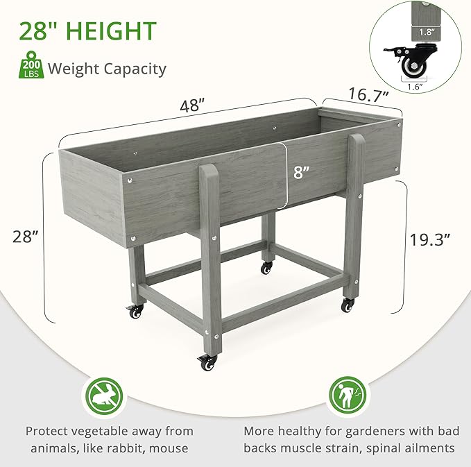 LUE BONA Raised Garden Bed with Wheels 48 * 16.7 * 28 in Poly Elevated Outdoor Planter Box with Tools Weather Resistant Standing Growing Bed Herb Planter for Vegetable Flowers Fruits