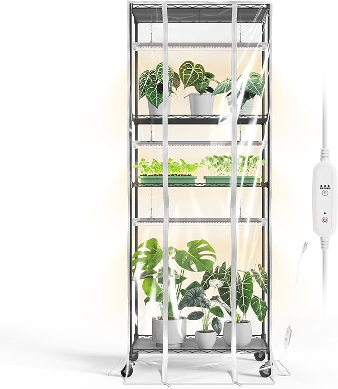 Bstrip Indoor Greenhouse with Grow Light 23.5x13.8x59 Portable Metal Greenhouse Shelves with T8 2FT Full Spectrum Grow Light &amp Timer Adjustable Plant Stand for Indoor Plant Spring Seed Start