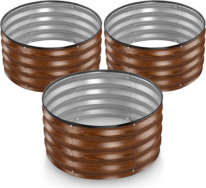 Round Galvanized Raised Garden Bed // 2×2×1 ft (3-Pack) Galvanized Raised Garden Beds Outdoor for Gardening Vegetables Flowers (Dark Wood Grain) // Patented Tool-Free Design Round Planter