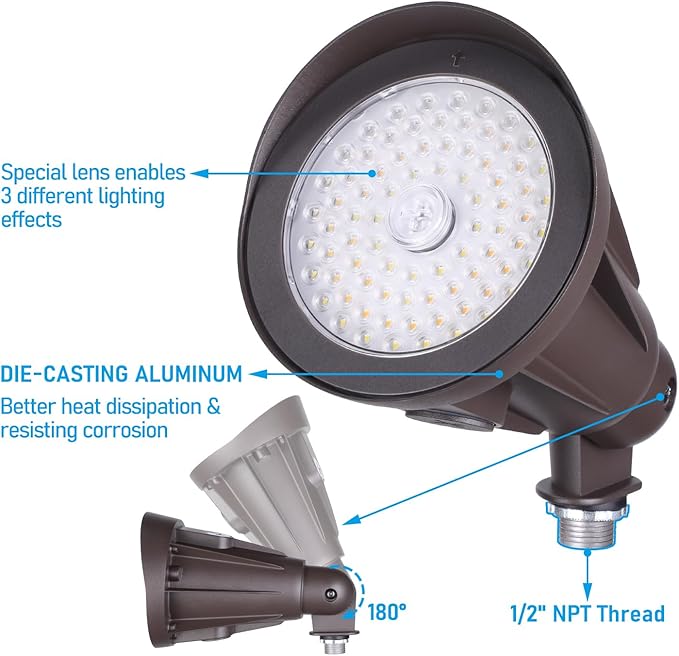 LEONLITE 3CCT LED Bullet Flood Light 4H4V/5H5V/6H6V 47°-130° Selectable NEMA Beam Dusk to Dawn Flag Pole Light with Knuckle Mount 120-277V 25W/20W/15W Commercial Landscape Spotlight ETL Listed